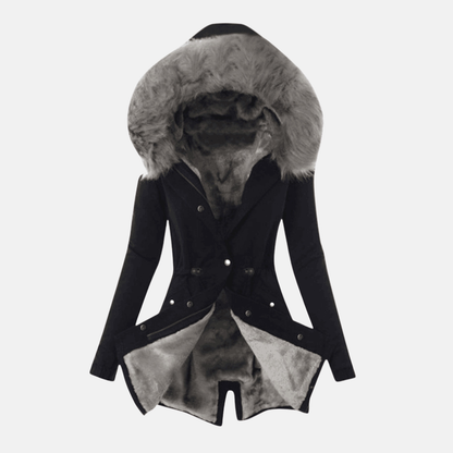 Women’s Jacket – Slim Fit – Plush-Lined Hood – Adjustable Waist – Mid-Length – Button Front