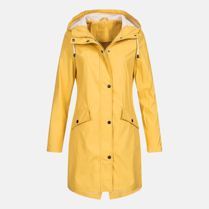 Women’s Long Jacket – Water-Resistant – Hooded – Snap Closure – Flap Pockets