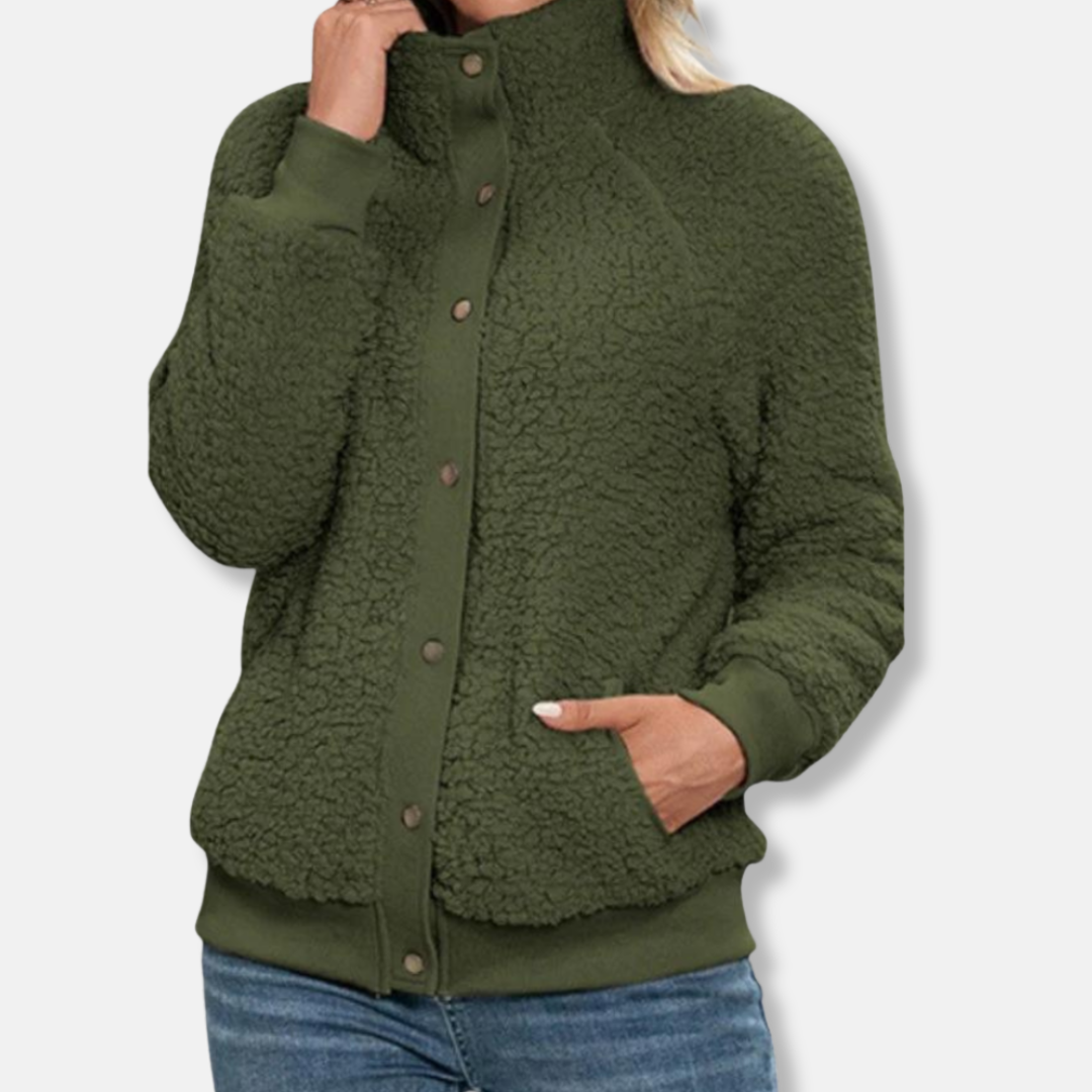Isla Relaxed Fit Fleece Jacket | Stand Collar Button Front Jacket