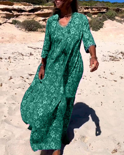 Women’s Maxi Dress – Loose Fit – V-Neck – Elbow Sleeve – Boho Print – Breathable Blend