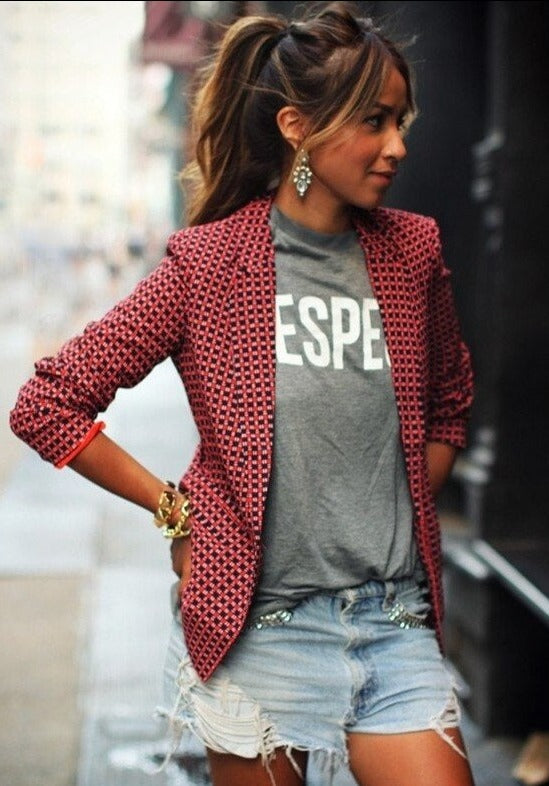 Fashionable red slim blazer for women with plaid long sleeved lapel