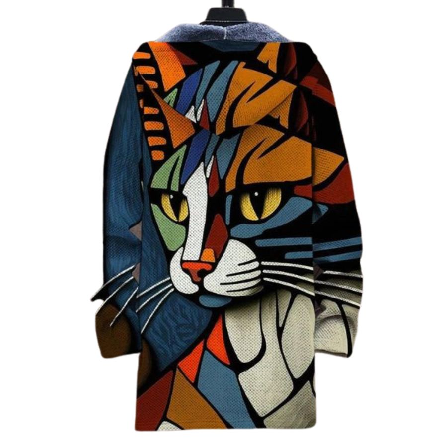 Cat Design Hooded Multicolor Cardigan