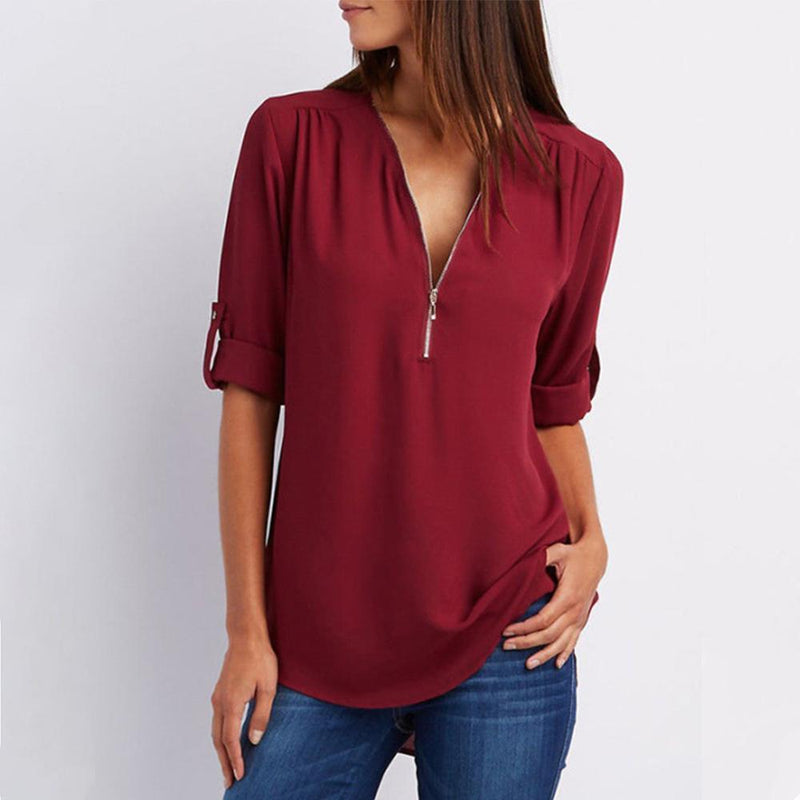 Flowy V-Neck Roll-Tab Sleeve Blouse
