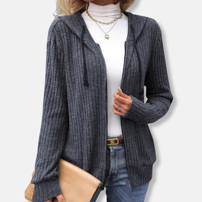 Isabella Wool Hooded Knit Cardigan | Ribbed Texture Zipper Front Cardigan