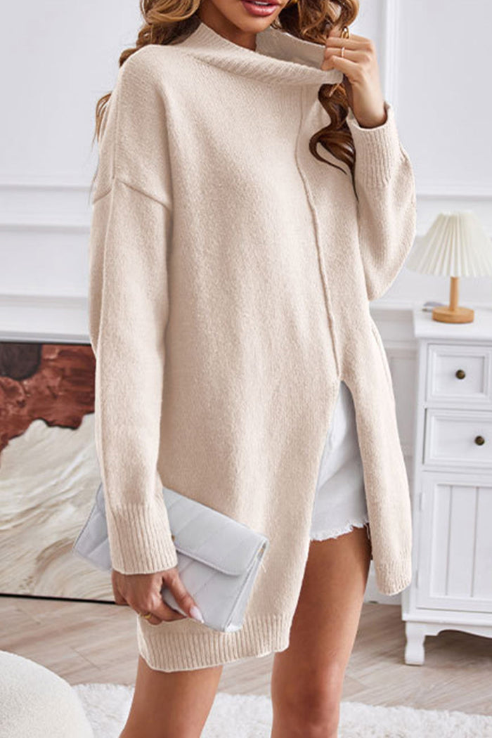 Women's solid color half turtleneck split sweater dress