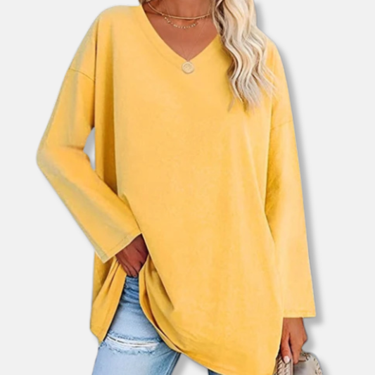 Florence Cotton Oversized V-Neck Tunic Top | Side Slits Curved Hem Tunic Top