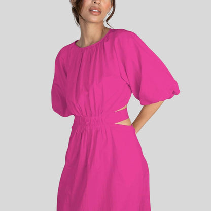 Women's Midi Dress - Puff Sleeve - Cut-Out Waist - A-Line Flowy Silhouette