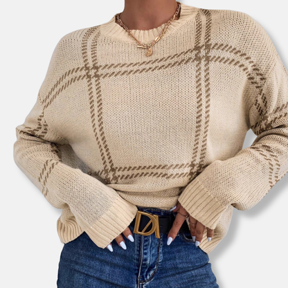 Women’s Sweatshirt - Knit Fabric - Windowpane Plaid - Crew Neck - Long Sleeve