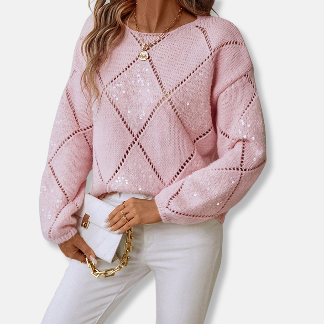 Sequin Diamond Openwork Wool Blend Sweatshirt 