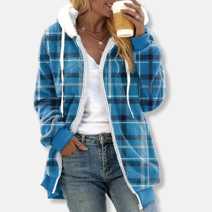 Isla Fleece Hooded Jacket | Relaxed Fit Check Print Tunic Length Jacket