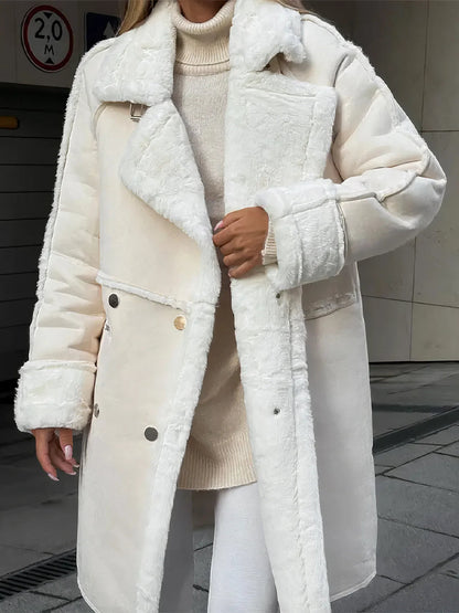 Women's lapel warm long plush jacket