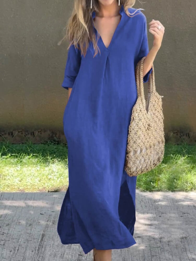 Women’s Maxi Dress – Relaxed Fit – V-Neck – Natural Fibers – Three-Quarter Sleeve