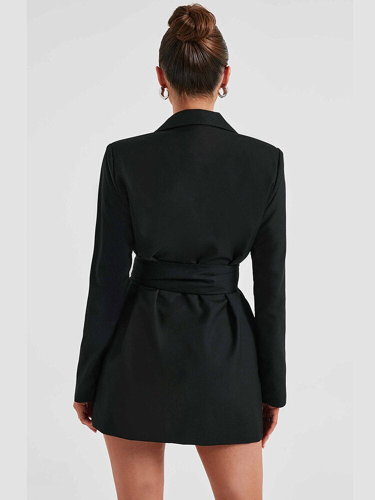 Women's Blazer Dress - V-Neck Tailored Fit - Long Sleeve with Self-Tie Belt - Short Length