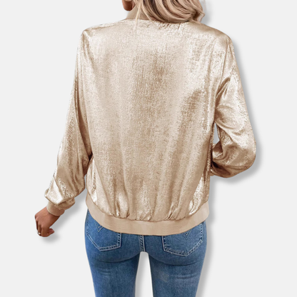 Women’s Bomber Jacket – Satin Finish – Relaxed Fit – Ribbed Trim – Zip Front Closure