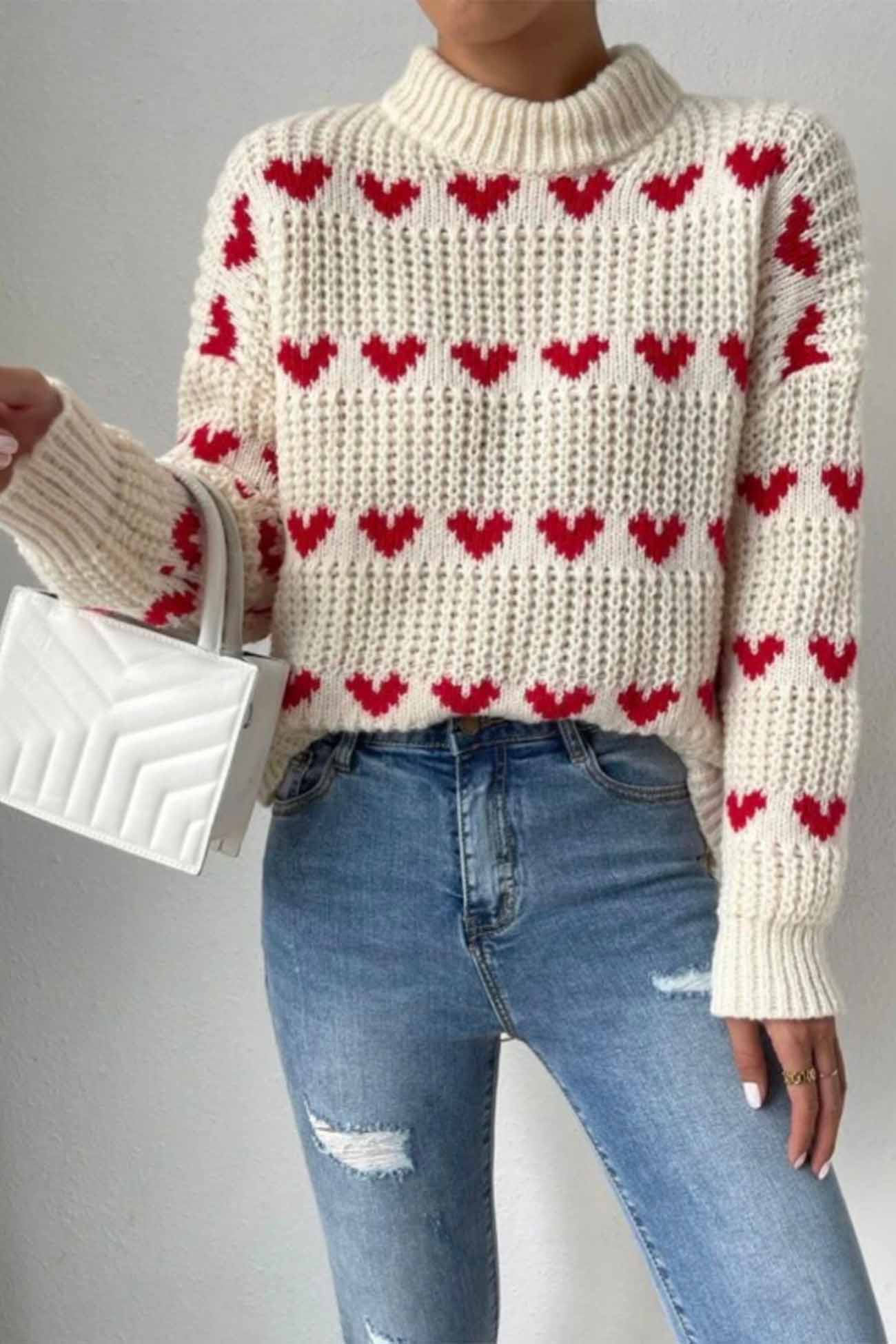 Women's Knitted Sweater - Chunky Knit - Mock Neck - Relaxed Fit - Heart Pattern