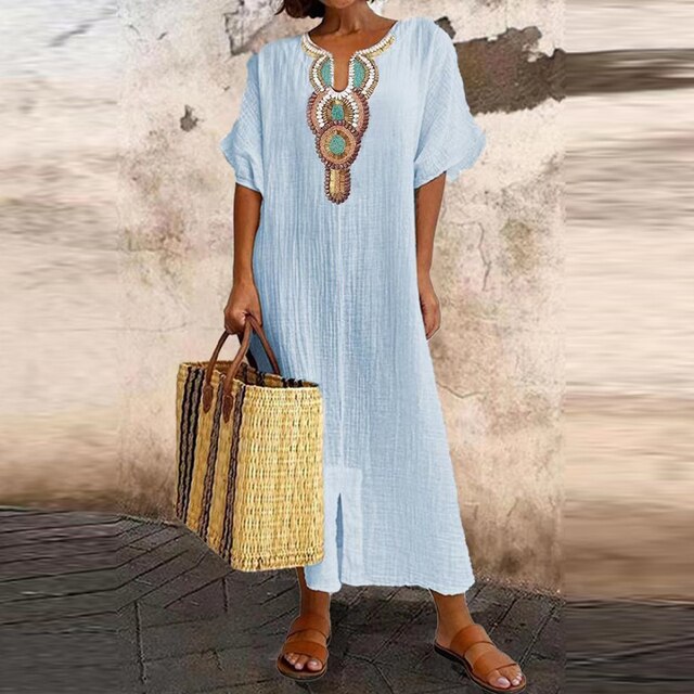 Women's Kaftan Dress - Lightweight Flowy Fabric - Beaded V-Neck - Short Sleeve
