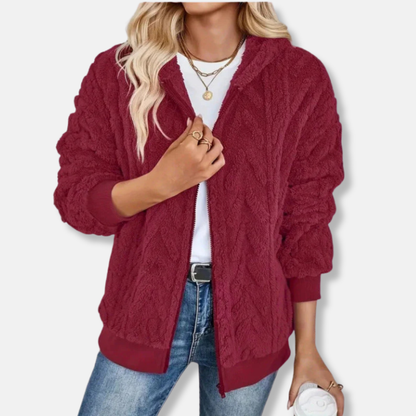 Women’s Hooded Jacket - Plush Knit - Oversized Fit - Hip Length - Ribbed Cuffs and Hem