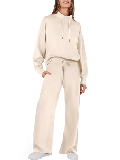 Women's chic mock drawstring sweatshirt and wide leg pants set
