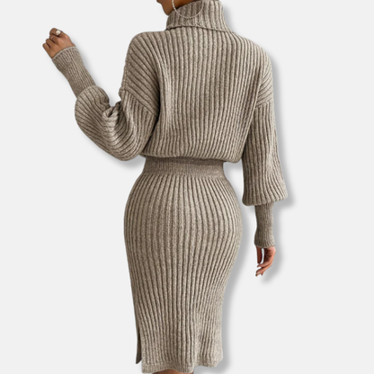 Women’s Knit Turtleneck Midi Dress – Ribbed Wool Blend – Blouson Top – Side Slit