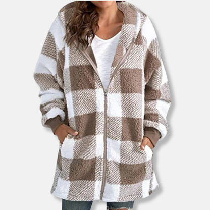 Women’s Jacket - Plush Fleece - Hooded - Buffalo Check Plaid - Mid-Thigh Length