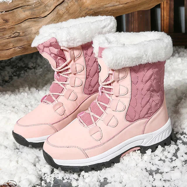Women’s Snow Boots – Mid-Height Quilted – Faux Fur Trim – Lace-Up Waterproof Sole