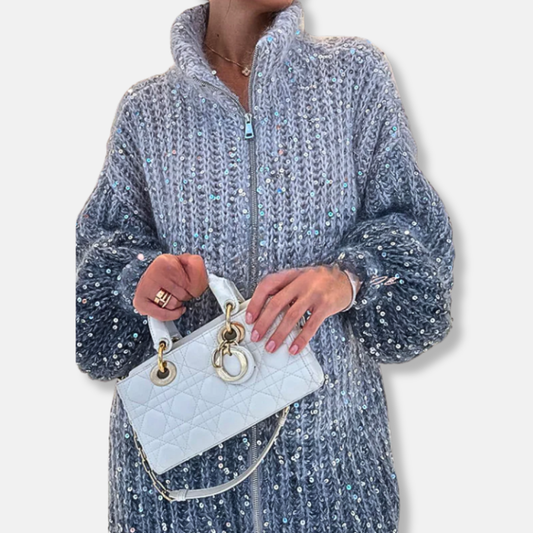 Oversized Wool Sequin Puff Sleeve Cardigan