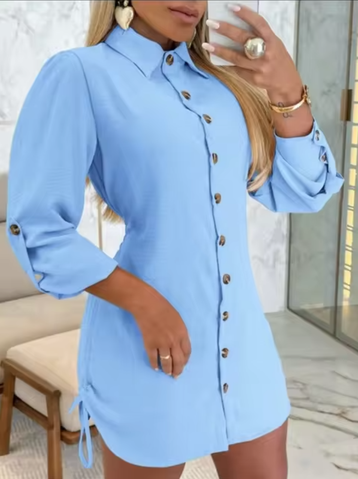 Women's Shirt Dress - Button-Down Collared - Three-Quarter Sleeve - Mini Length Tailored Fit