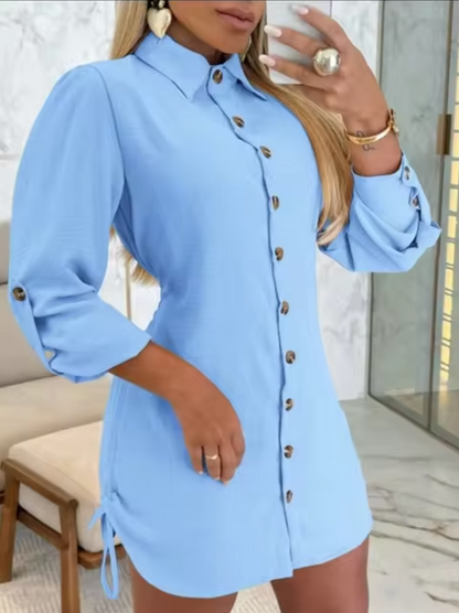 Women's Shirt Dress - Button-Down Collared - Three-Quarter Sleeve - Mini Length Tailored Fit