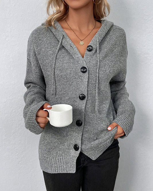 Hooded Button-Front Knit Cardigan with Long Sleeves