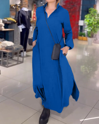Women's loose-fit long dress with lapels and side slit