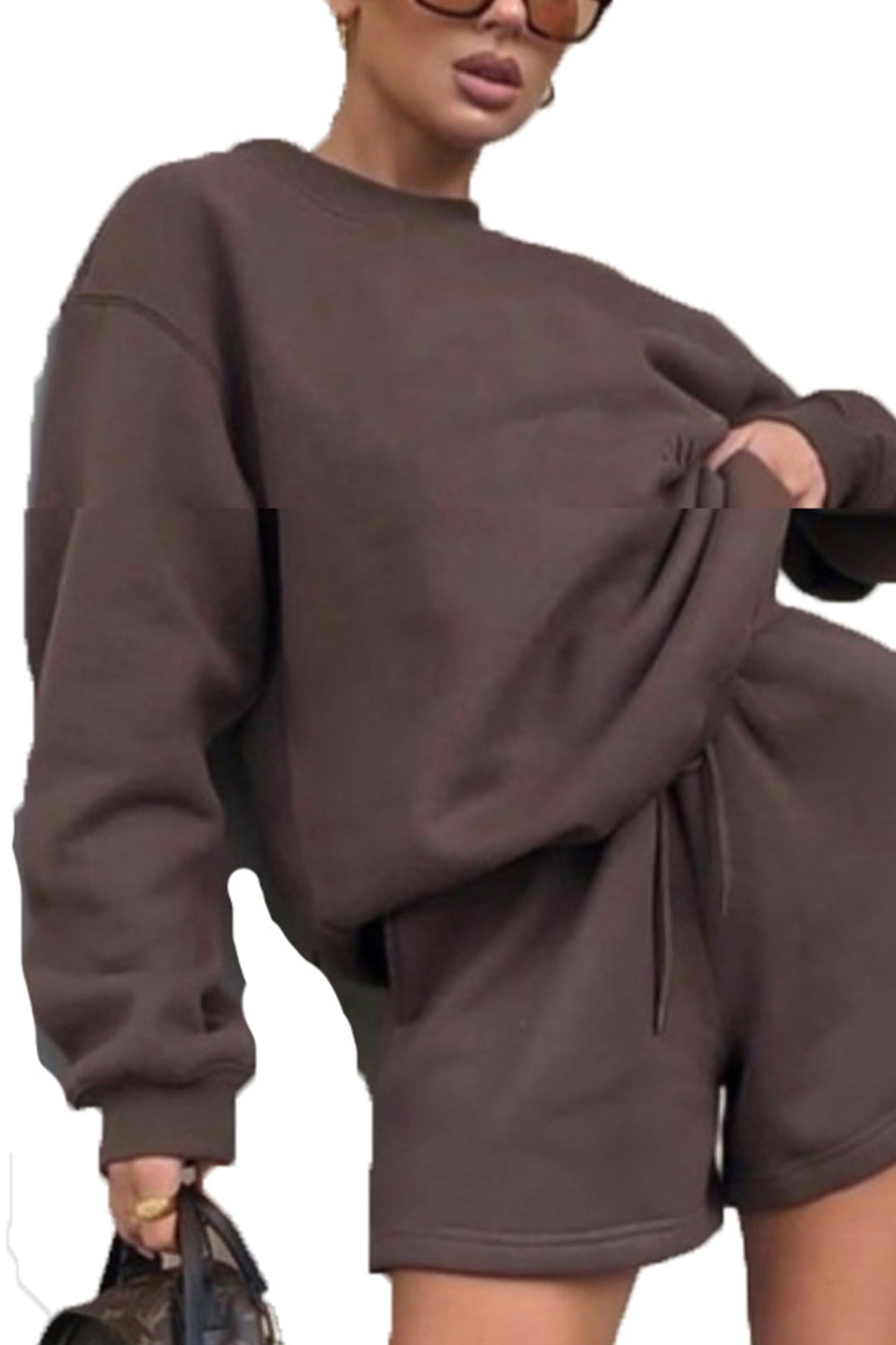Women's crew neck sweatshirt and drawstring shorts set