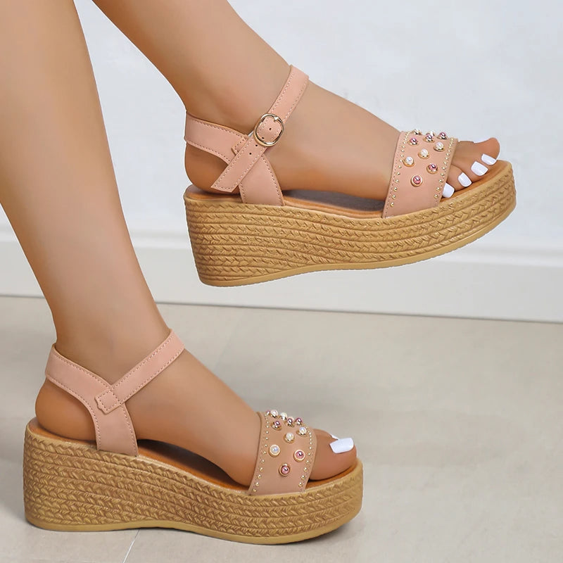 Women's Wedge Sandals - Adjustable Ankle Strap - Studded Forefoot - Comfortable Heel