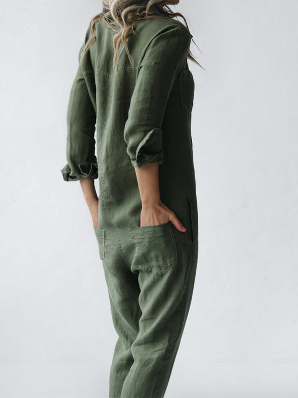 Women's Linen Jumpsuit - Button Down - Relaxed Fit - Long Sleeve - Breathable Fabric