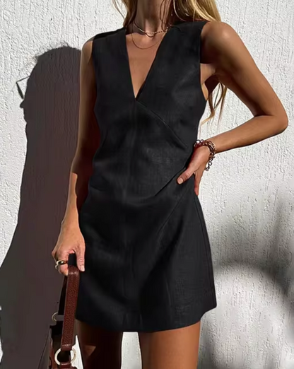 Women’s Sleeveless Mini Dress - Deep V-Neck - Fitted Bodice - Elegant Casual Wear
