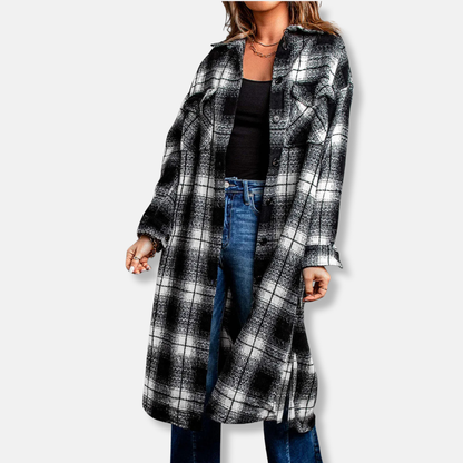 Women’s Long Cardigan Shacket – Oversized Relaxed Fit – Plaid – Button Front – Chest Pockets
