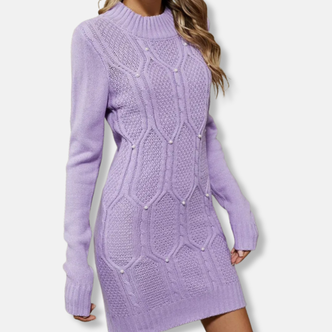 Women’s Knit Dress – Slim Fit – Mock Neck – Long Sleeve – Mini Length – Geometric Texture