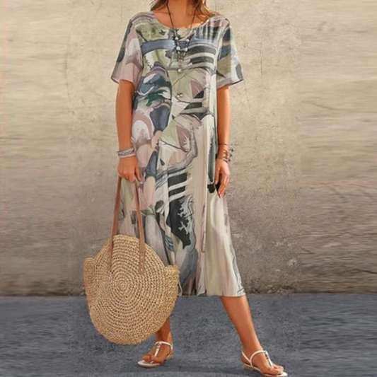 Women's Midi Dress - Loose Fit - Short Sleeve - Lightweight Floral Print