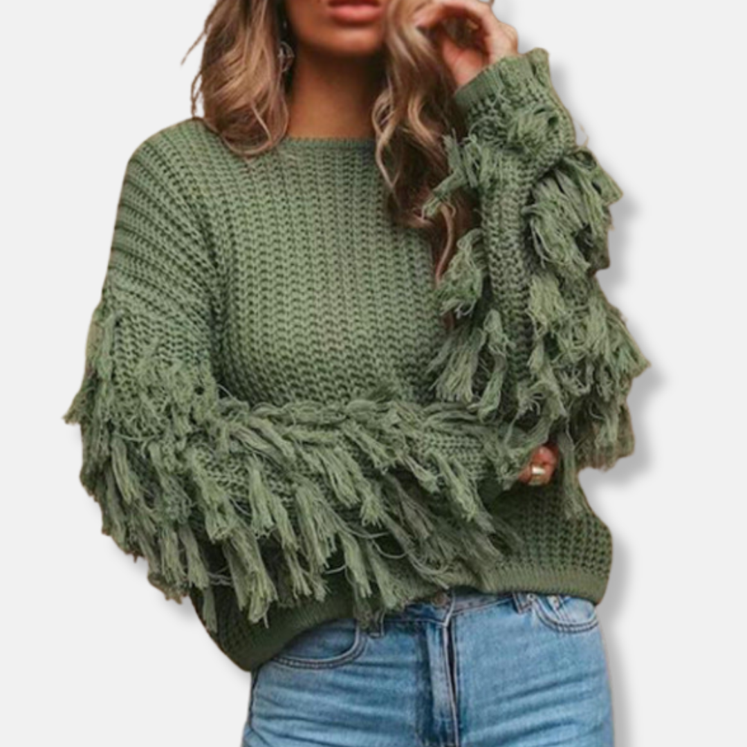 Isla Ribbed Fringe Hip-Length Sweater | Crewneck Relaxed Fit Sweater