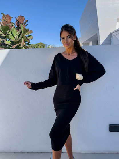 Women's Two-Piece Outfit - Cropped Off-Shoulder Sweatshirt & High-Waisted Pencil Skirt