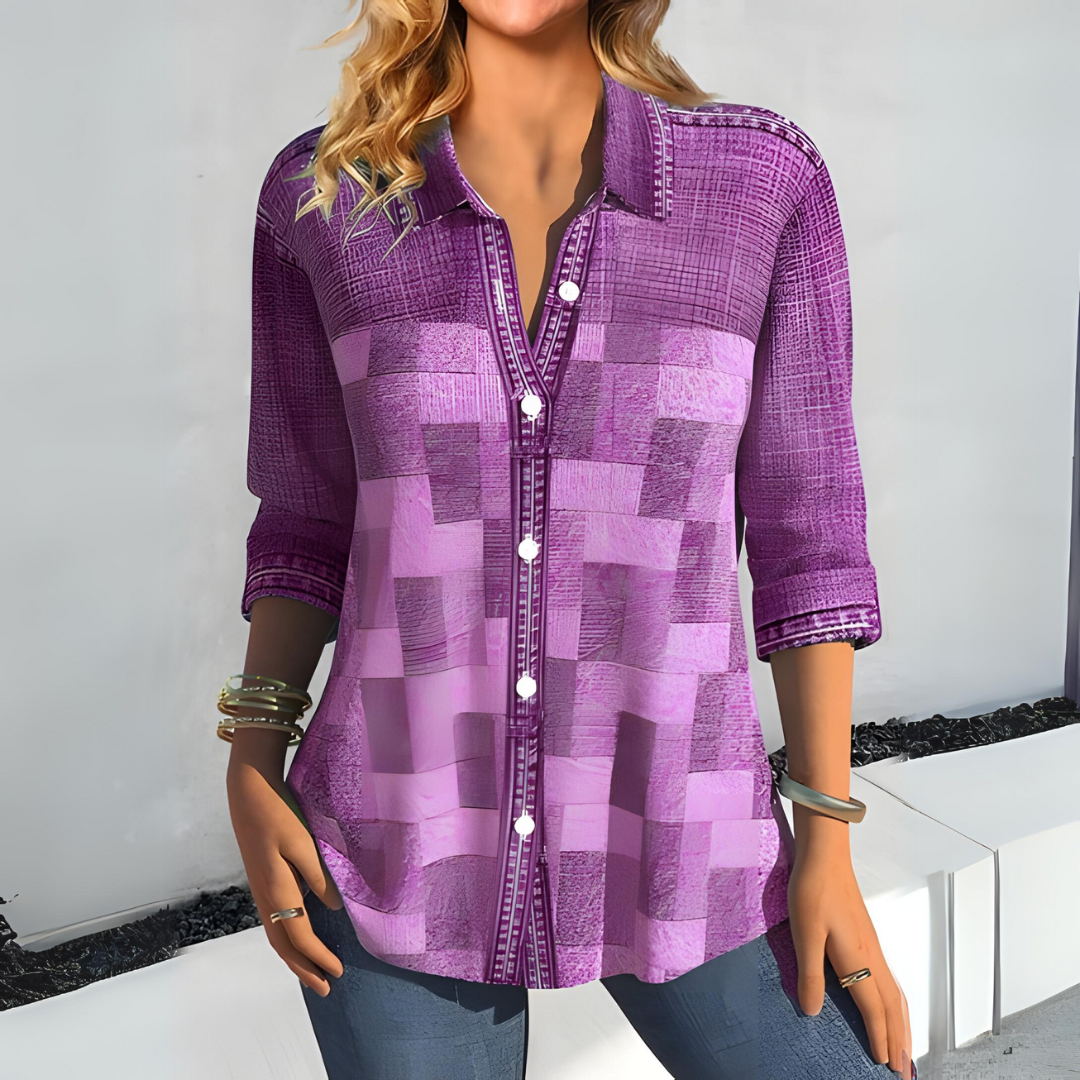 Women's Blouse - Button Down - 3/4 Sleeve - Lightweight Checkered Pattern