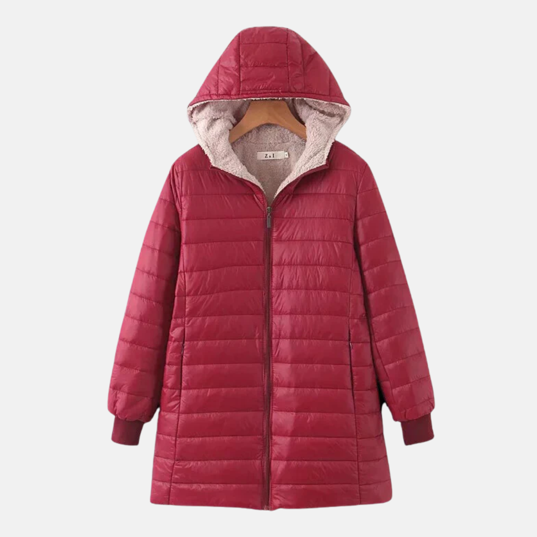 Women’s Hooded Padded Coat – Relaxed Fit – Mid-Length Quilted – Fleece Lined – Zip Front