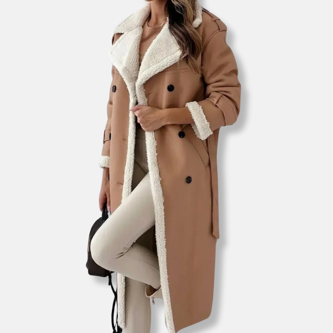 Women’s Coat – Faux Suede – Shearling Lined – Belted – Double-Breasted Long Fit