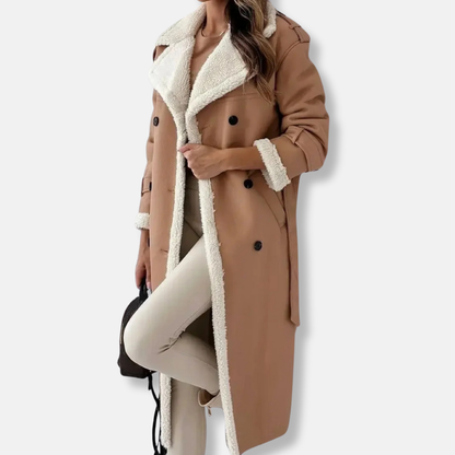 Women’s Coat – Faux Suede – Shearling Lined – Belted – Double-Breasted Long Fit