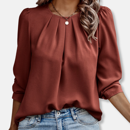 Florence Pleated Flowy Fit Blouse | Puff Sleeve Round Neck Blouse