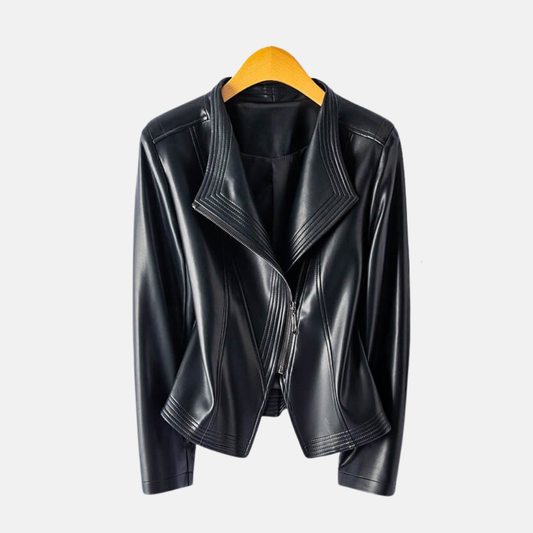 Faux Leather Cropped Notched Asymmetrical Jacket