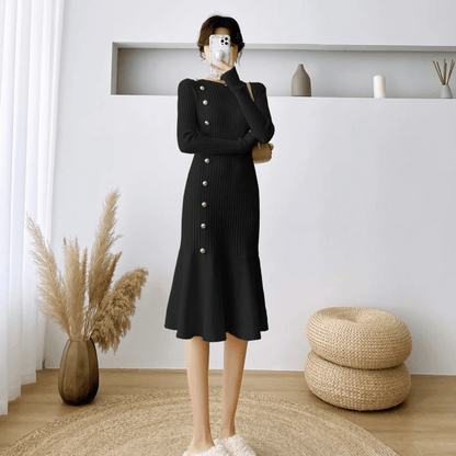 Women's Rib-Knit Mermaid Dress - Long Sleeve - Fitted Elegant Button Detail