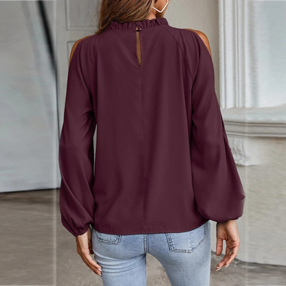 Women's Blouse - Cold Shoulder - Long Sleeve - High Neck - Relaxed Fit