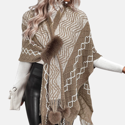 Sienna Oversized Cape Cardigan | Fringe Hem Pom-Pom Detail Cardigan