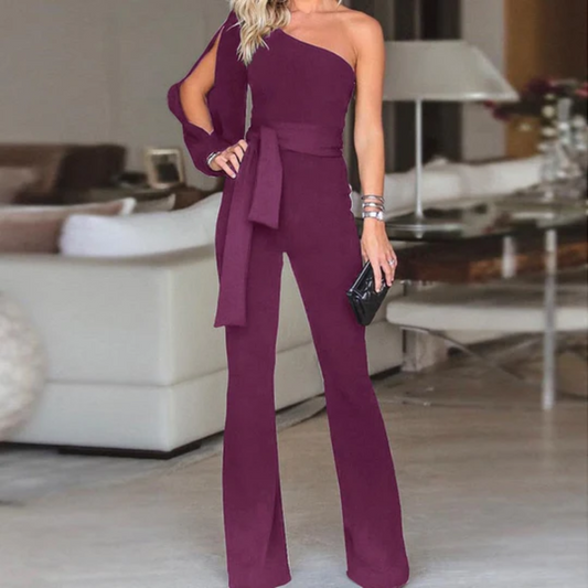 Belted Asymmetrical One-Shoulder Flared Jumpsuit