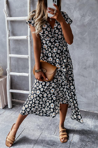 Women's Midi Dress - Floral Print - Short Sleeve - Lightweight Flowy Fit